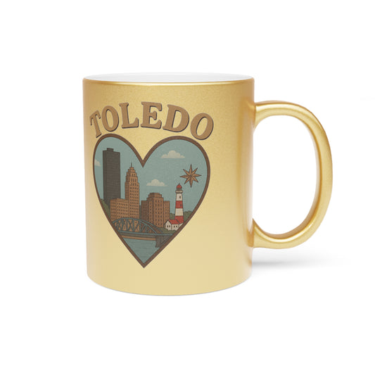 Toledo Skyline Metallic Mug - Bold Vintage Heart Design in Silver Gold
