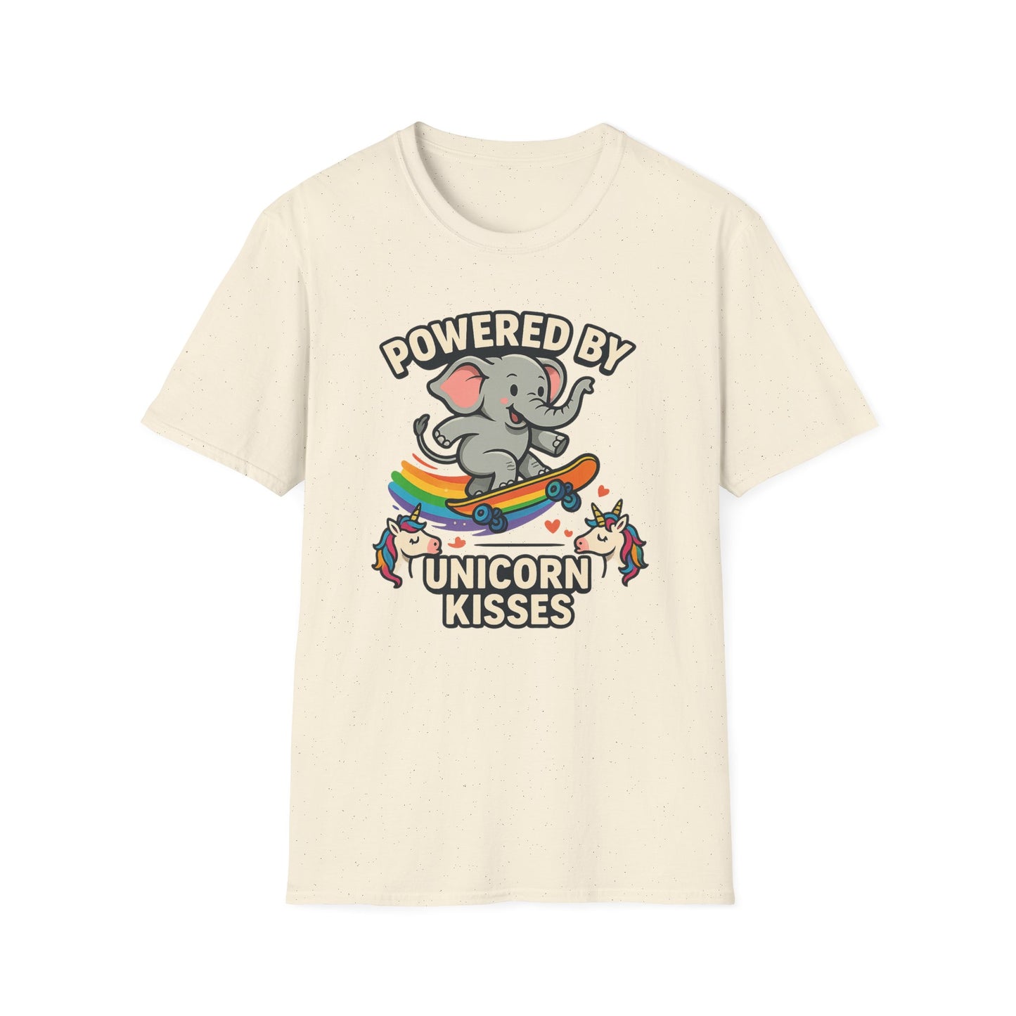 Unleash Magic with our Elephant Riding a Skateboard Powered By Unicorn Kisses Rainbow T-Shirt