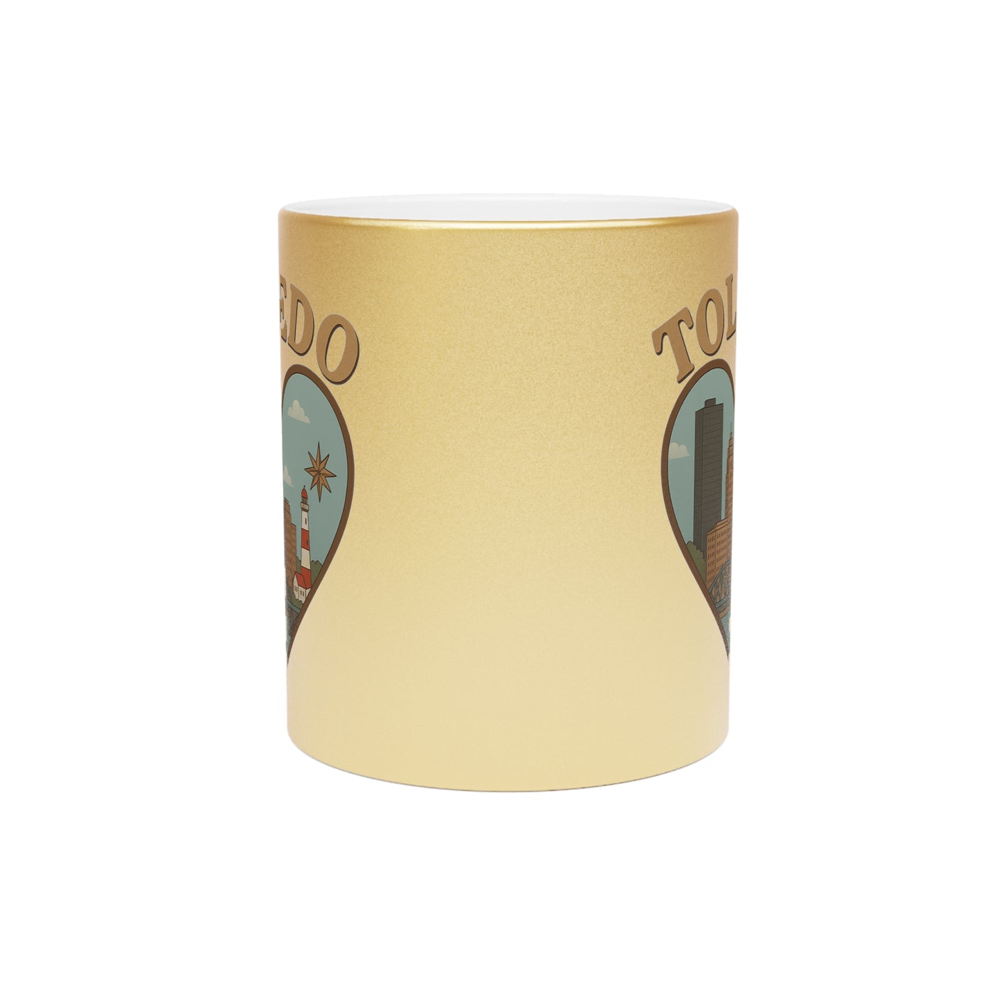 Toledo Skyline Metallic Mug - Bold Vintage Heart Design in Silver Gold