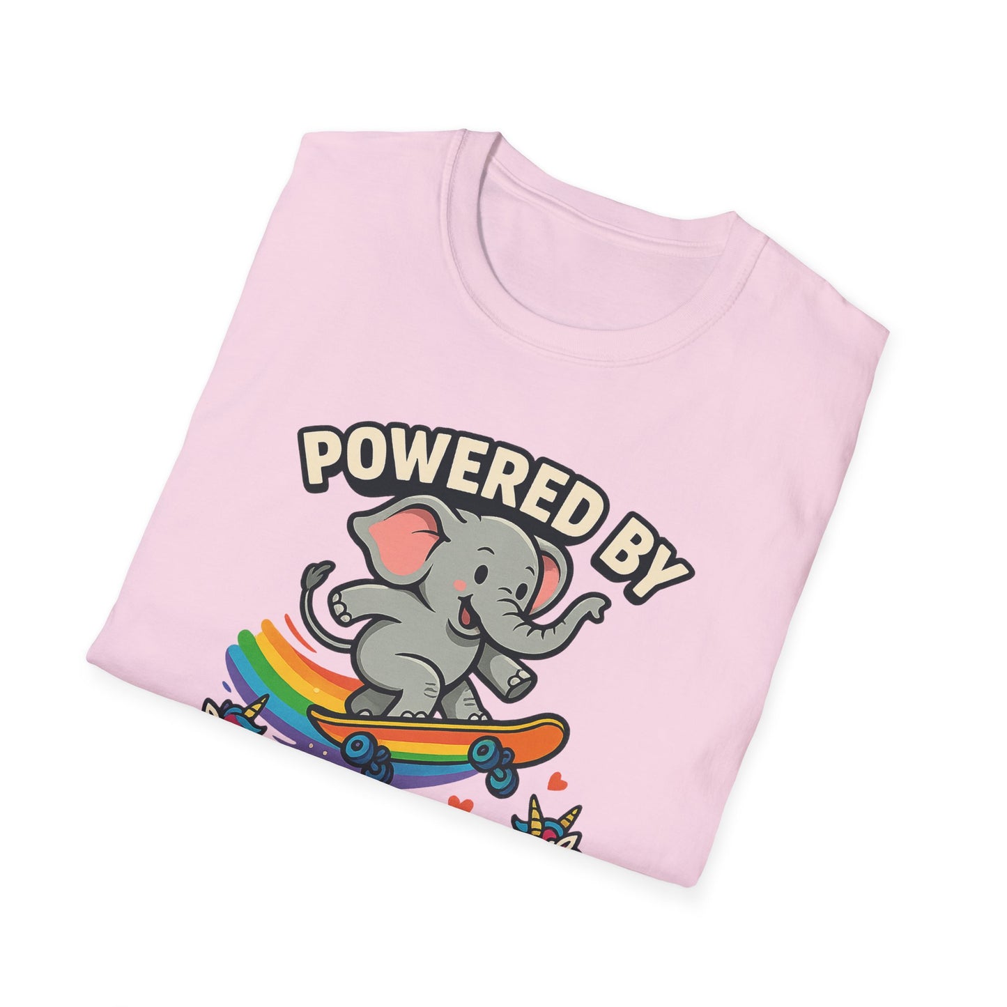Unleash Magic with our Elephant Riding a Skateboard Powered By Unicorn Kisses Rainbow T-Shirt
