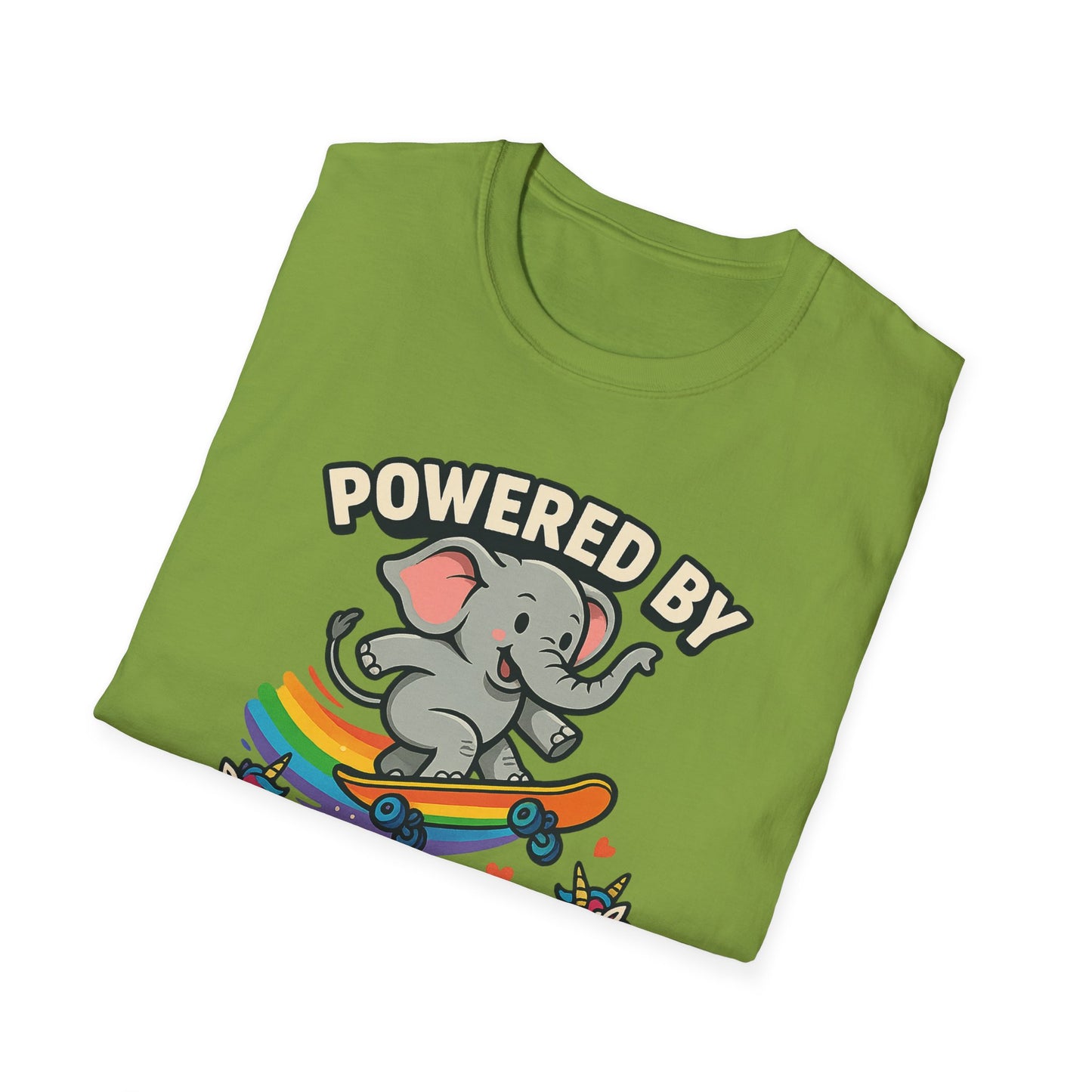 Unleash Magic with our Elephant Riding a Skateboard Powered By Unicorn Kisses Rainbow T-Shirt
