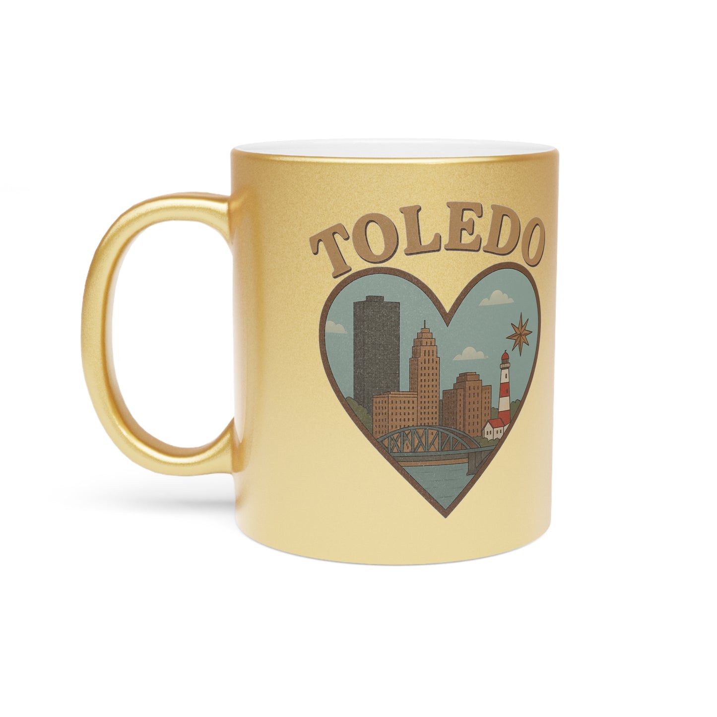 Toledo Skyline Metallic Mug - Bold Vintage Heart Design in Silver Gold
