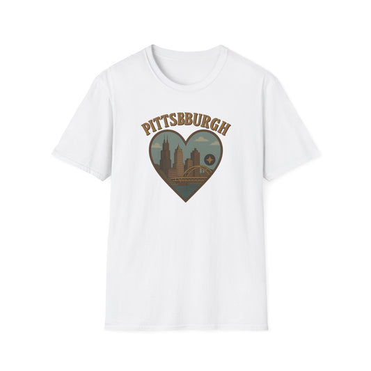 Fall in Love with Pittsburgh's Skyline Heart T-shirt – Unisex Urban Romance Tee