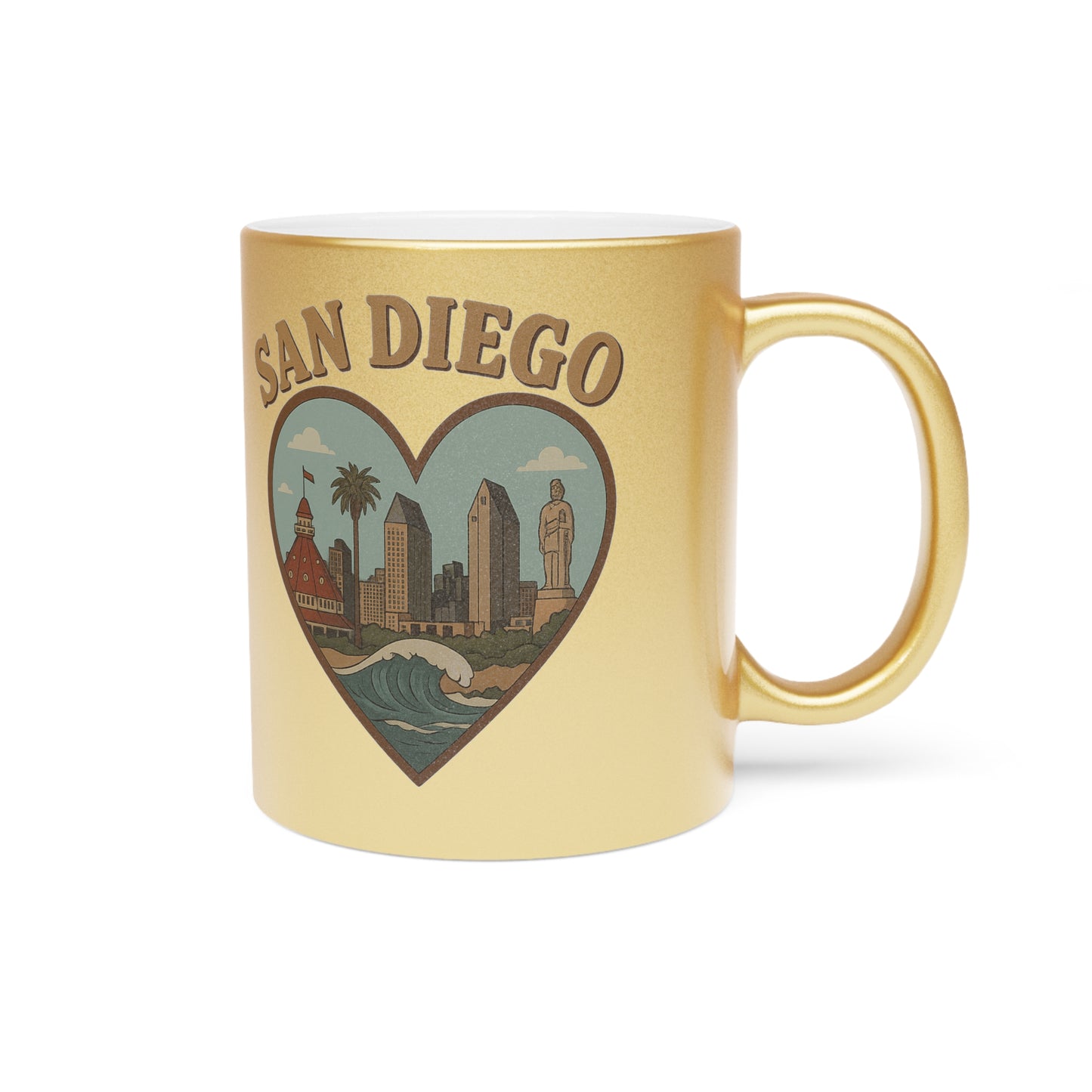 Shiny San Diego Metallic Mug - Vintage Skyline Souvenir Treasure (Silver/Gold)