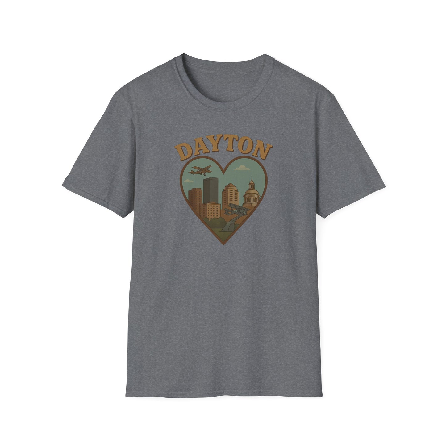 Fall Head Over Heels for Dayton: Retro Skyline Heart Graphic T-Shirt