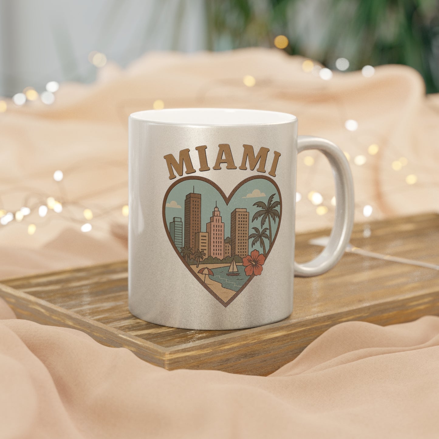 Sip in Style with the Miami Metallic Mug: Vintage Skyline Design in Silver & Gold!