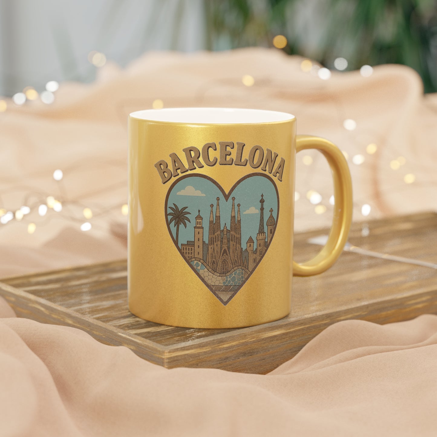Shimmering Barcelona Heart Metallic Mug for Coffee and Adventure Dreamers