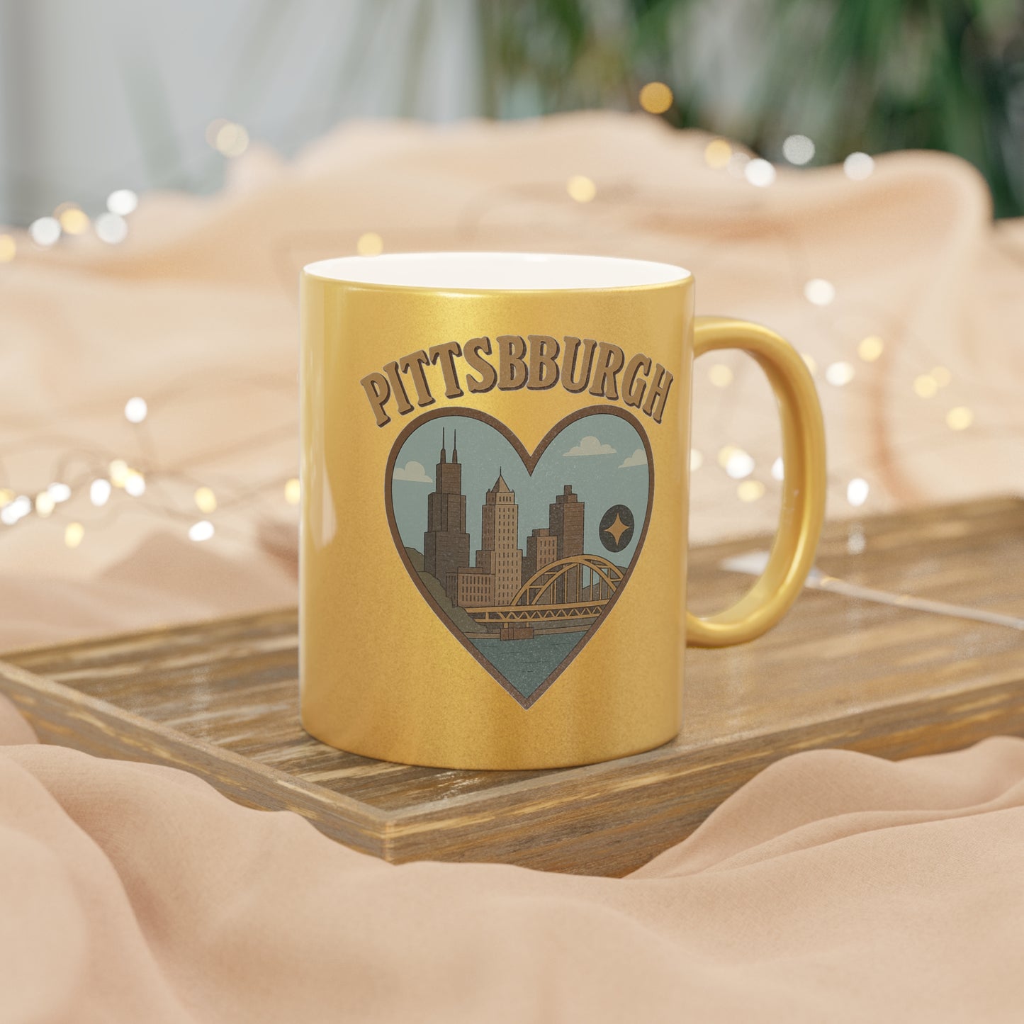 Glorious Metallic Pittsburgh Mug: Shine Bright with Steel City Love and Arch Charm!