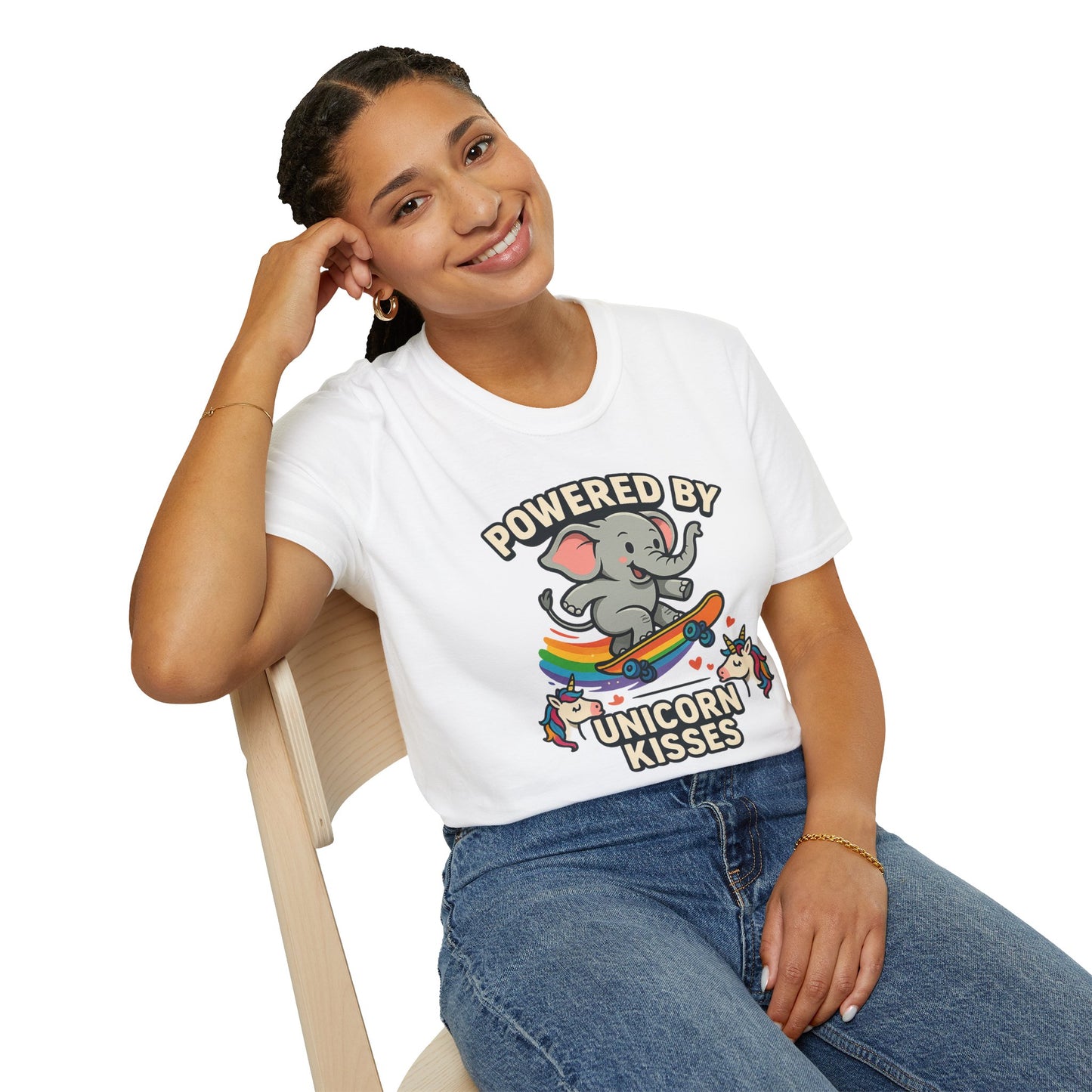 Unleash Magic with our Elephant Riding a Skateboard Powered By Unicorn Kisses Rainbow T-Shirt