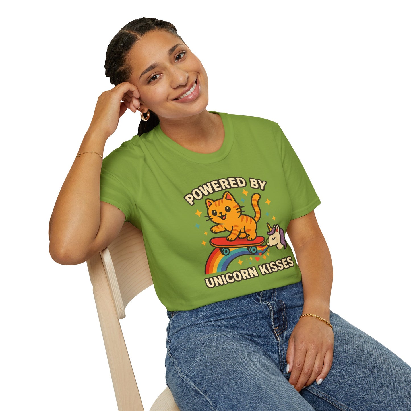 Catch the Magic Wave in a Cat Powered by Unicorn Kisses T-Shirt - Soft Unisex Fit!