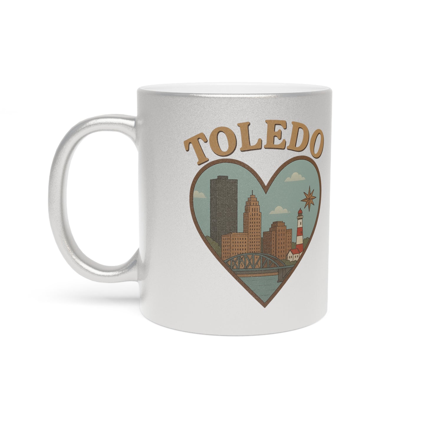 Toledo Skyline Metallic Mug - Bold Vintage Heart Design in Silver Gold