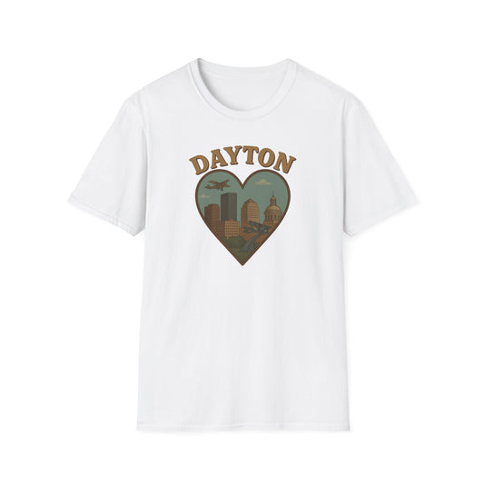 Fall Head Over Heels for Dayton: Retro Skyline Heart Graphic T-Shirt