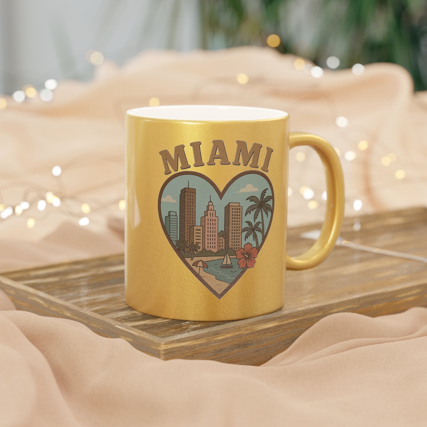 Sip in Style with the Miami Metallic Mug: Vintage Skyline Design in Silver & Gold!