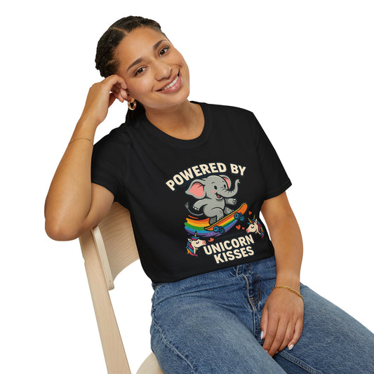 Unleash Magic with our Elephant Riding a Skateboard Powered By Unicorn Kisses Rainbow T-Shirt