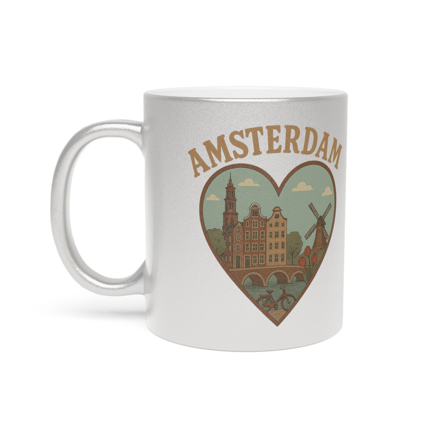 Sip in Style with the Amsterdam Skyline Metallic Mug in Silver and Gold!