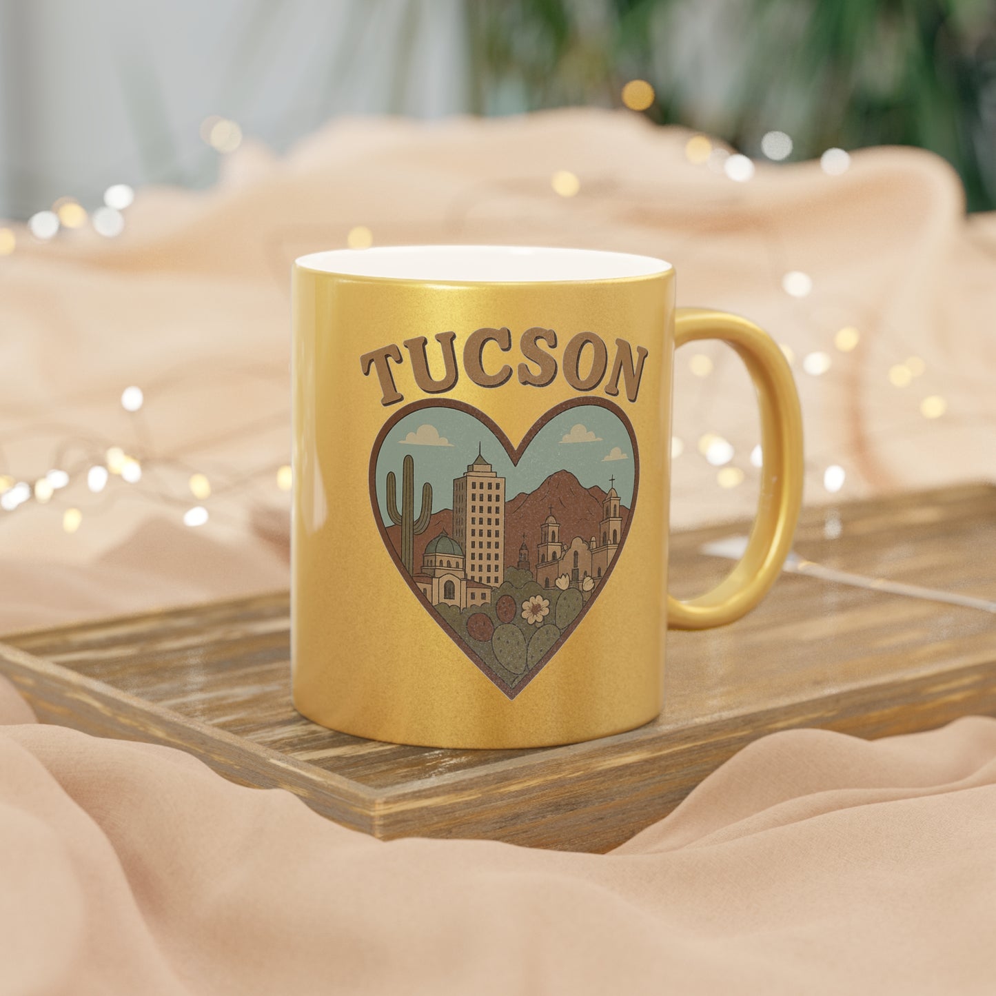 Gleaming Tucson Metallic Mug: Vintage Cactus Skyline Dream in Gold and Silver