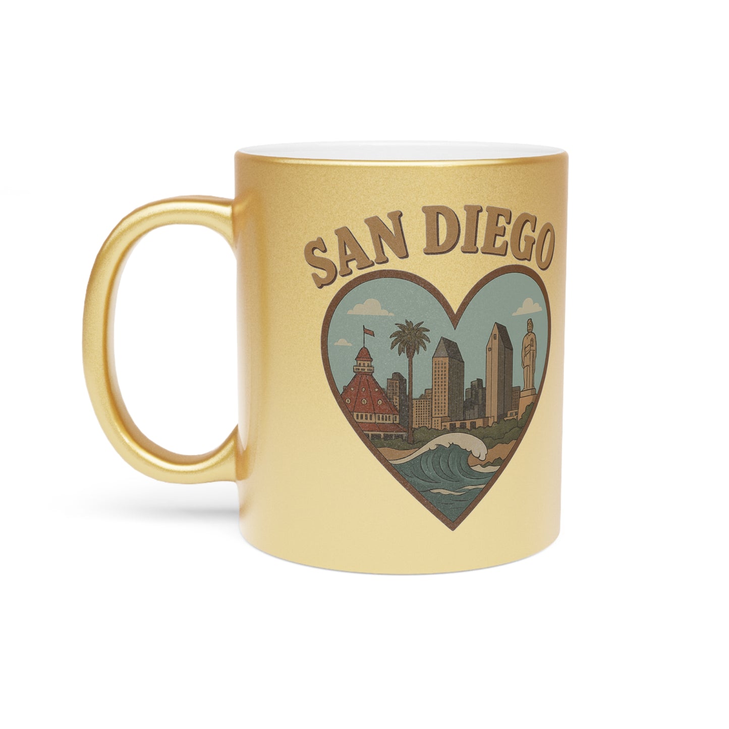 Shiny San Diego Metallic Mug - Vintage Skyline Souvenir Treasure (Silver/Gold)